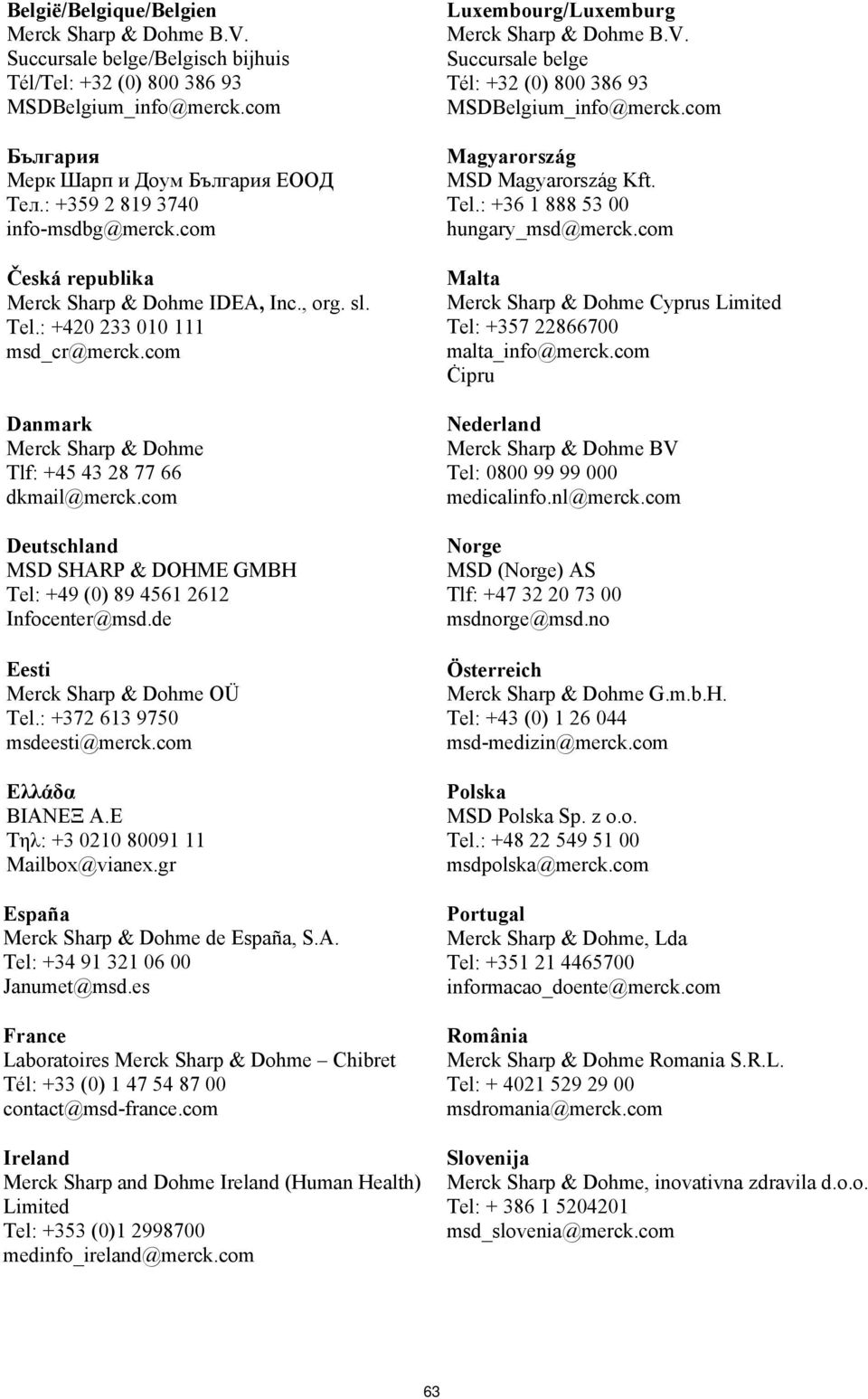 com Deutschland MSD SHARP & DOHME GMBH Tel: +49 (0) 89 4561 2612 Infocenter@msd.de Eesti Merck Sharp & Dohme OÜ Tel.: +372 613 9750 msdeesti@merck.com Eλλάδα BIANEΞ Α.