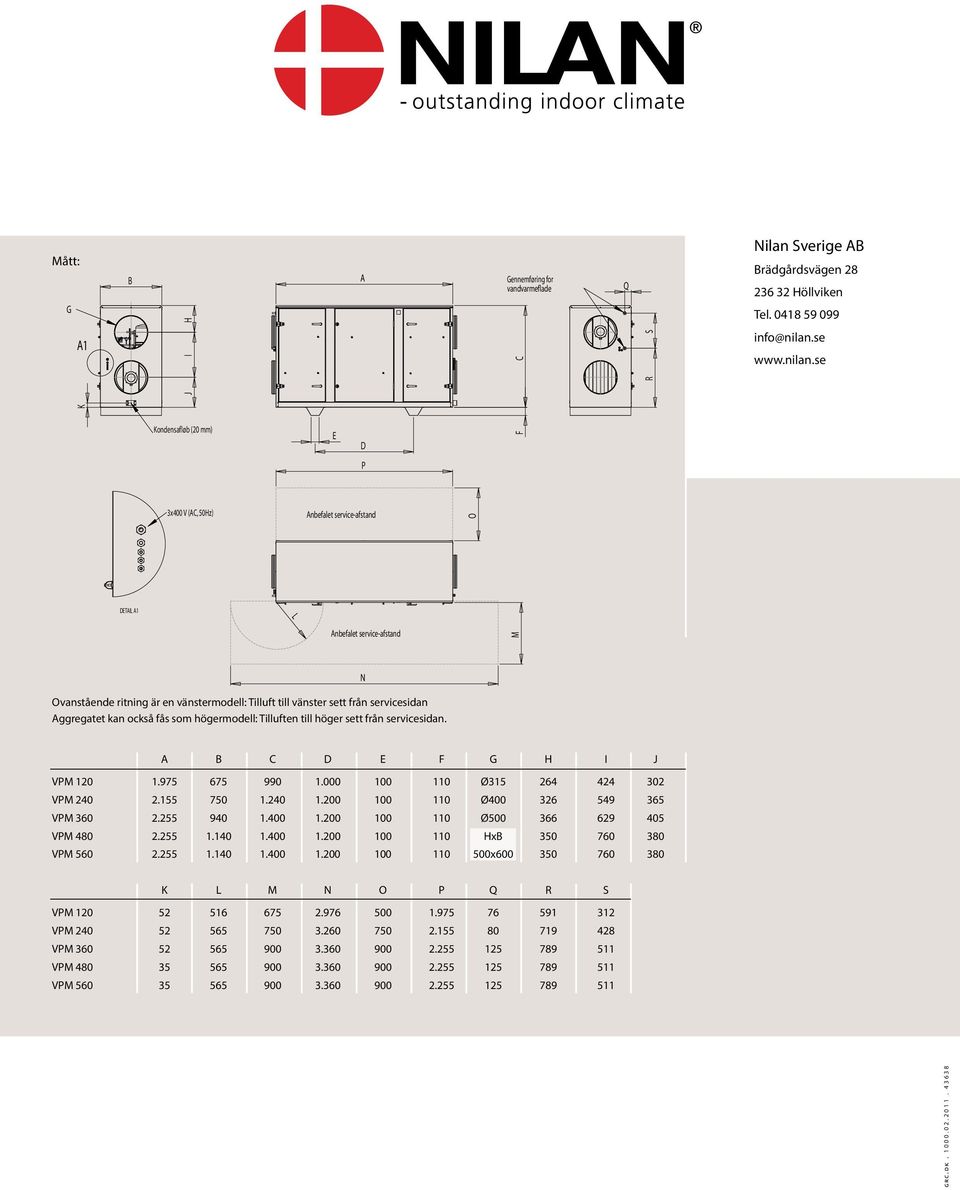 vänstermodell: Tilluft till vänster sett från servicesidan Aggregatet kan också fås som högermodell: Tilluften till höger sett från servicesidan. N A B C D E F G H I J VPM 120 1.975 675 990 1.