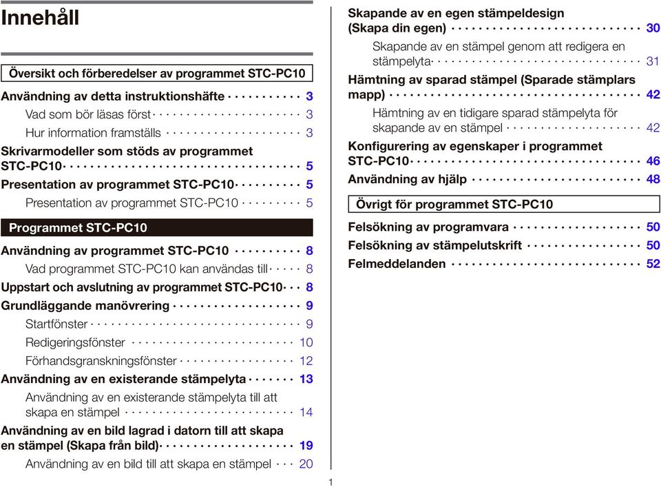 avslutning av programmet STC-PC10 8 Grundläggande manövrering 9 Startfönster 9 Redigeringsfönster 10 Förhandsgranskningsfönster 12 Användning av en existerande stämpelyta 13 Användning av en