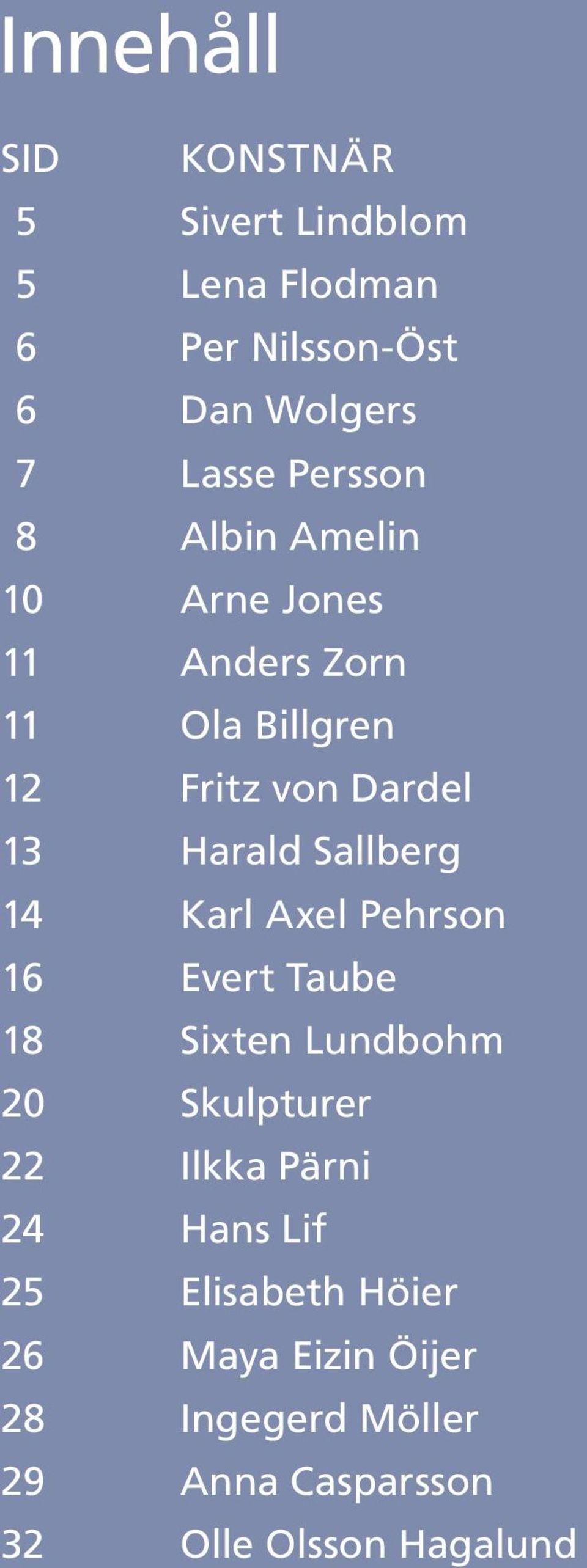 Sallberg 14 Karl Axel Pehrson 16 Evert Taube 18 Sixten Lundbohm 20 Skulpturer 22 Ilkka Pärni 24