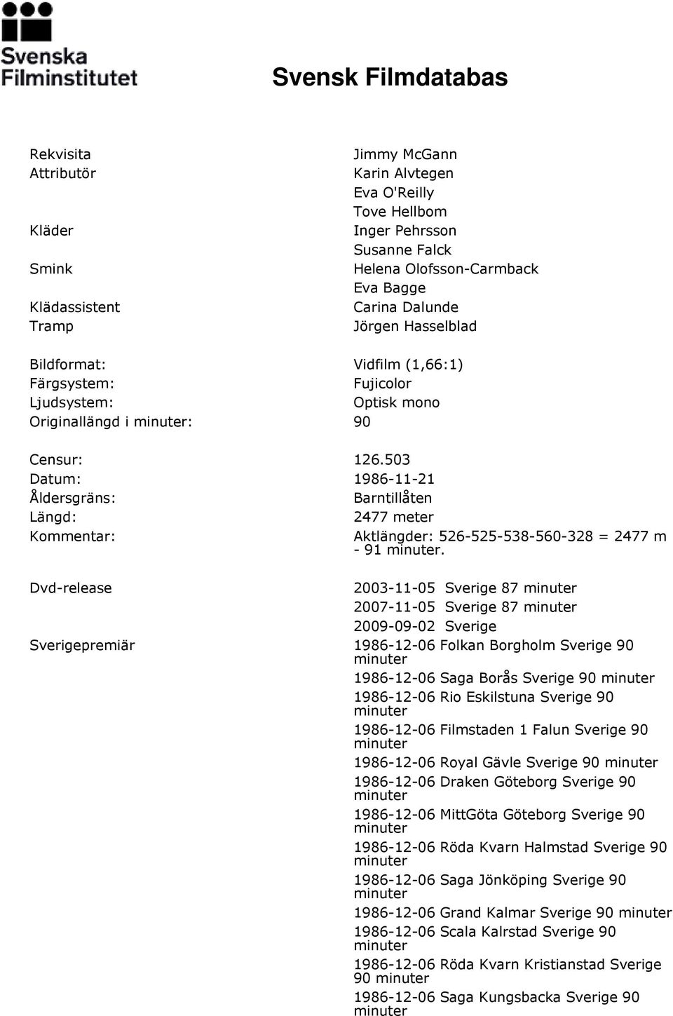503 Datum: 1986-11-21 Åldersgräns: Barntillåten Längd: 2477 meter Aktlängder: 526-525-538-560-328 = 2477 m - 91.