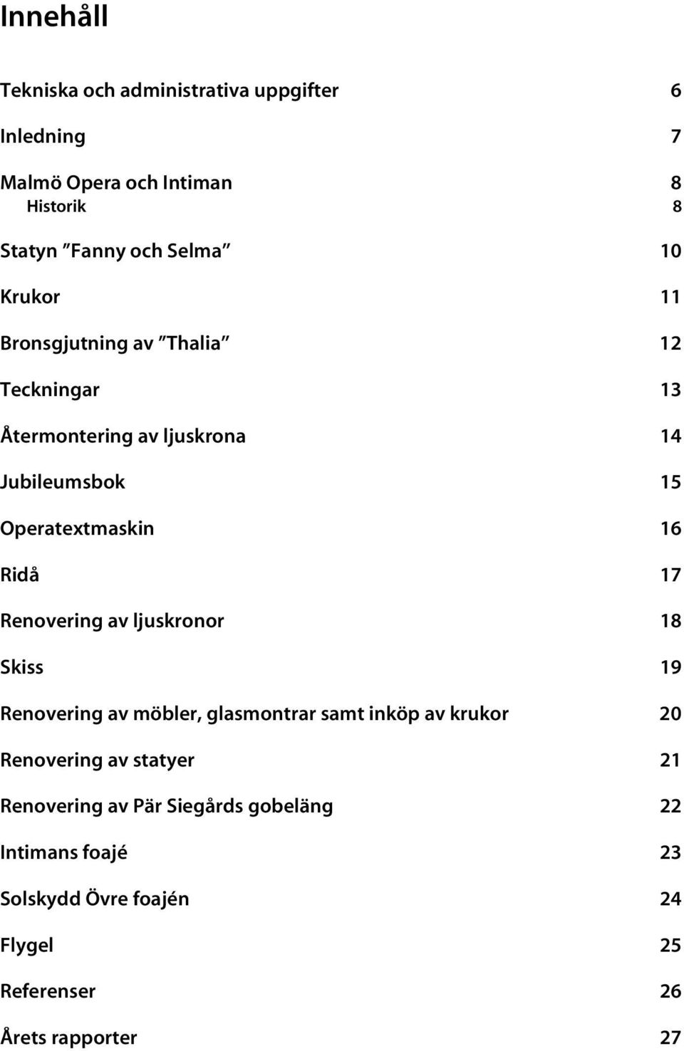 Ridå 17 Renovering av ljuskronor 18 Skiss 19 Renovering av möbler, glasmontrar samt inköp av krukor 20 Renovering av