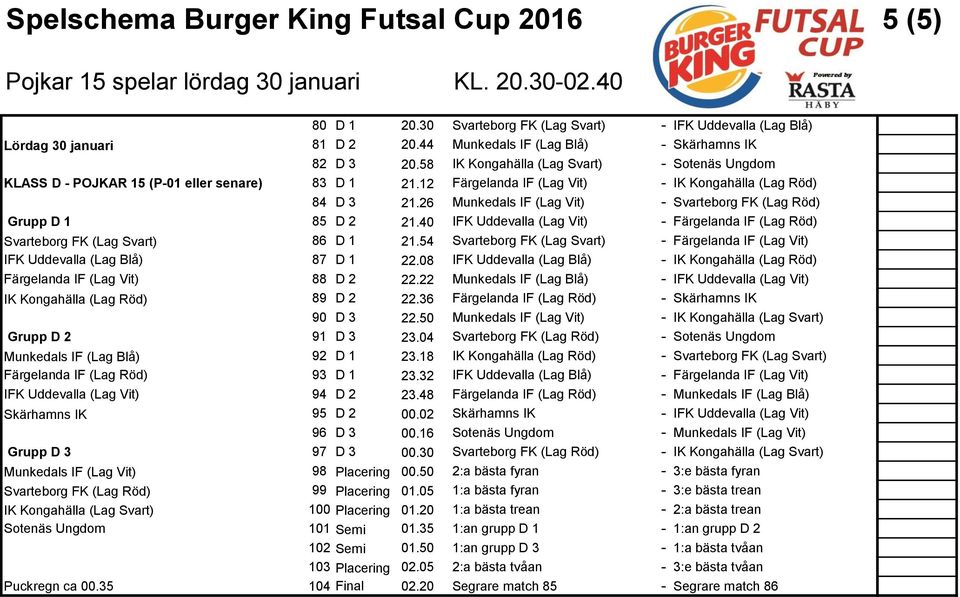 26 - (Lag Röd) Grupp D 1 85 D 2 21.40 IFK Uddevalla (Lag Vit) - Färgelanda IF (Lag Röd) (Lag Svart) 86 D 1 21.54 (Lag Svart) - Färgelanda IF (Lag Vit) IFK Uddevalla (Lag Blå) 87 D 1 22.