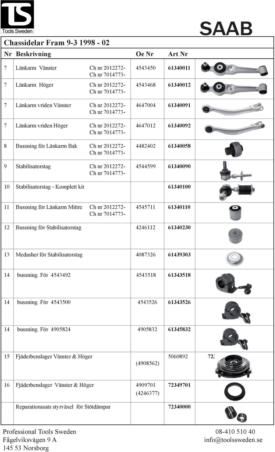 2012272-4544599 61340090 Ch nr 7014773-10 Stabilisatorstag - Komplett kit 61340100 11 Bussning för Länkarm Mittre Ch nr 2012272-4545711 61340110 Ch nr 7014773-12 Bussning för Stabilisatorstag 4246112