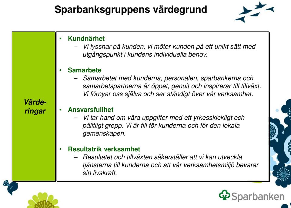 Vi förnyar oss själva och ser ständigt över vår verksamhet. Ansvarsfullhet Vi tar hand om våra uppgifter med ett yrkesskickligt och pålitligt grepp.