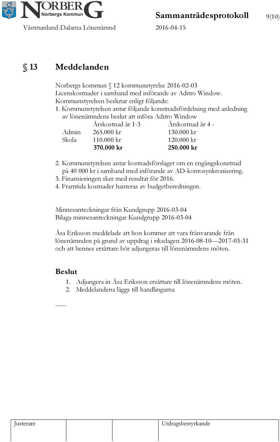 000 kr 370.000 kr 250.000 kr 2. Kommunstyrelsen antar kostnadsförslaget om en engångskonstnad på 40 000 kr i samband med införande av AD-kontosynkronisering. 3. Finansieringen sker med resultat för 2016.