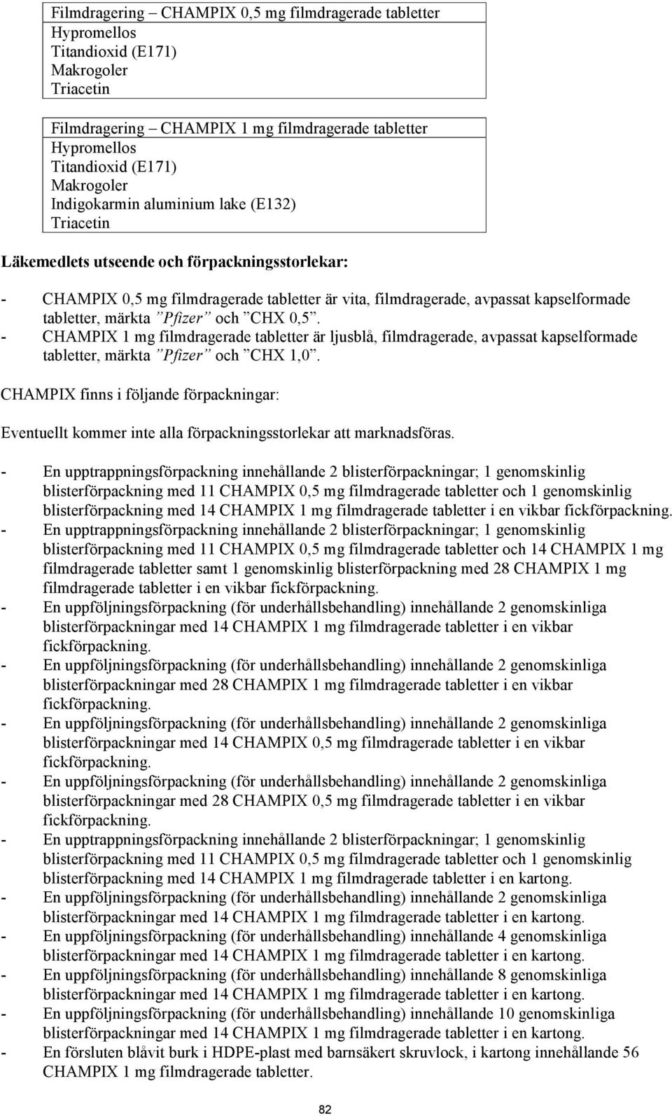 Pfizer och CHX 0,5. - CHAMPIX 1 mg filmdragerade tabletter är ljusblå, filmdragerade, avpassat kapselformade tabletter, märkta Pfizer och CHX 1,0.