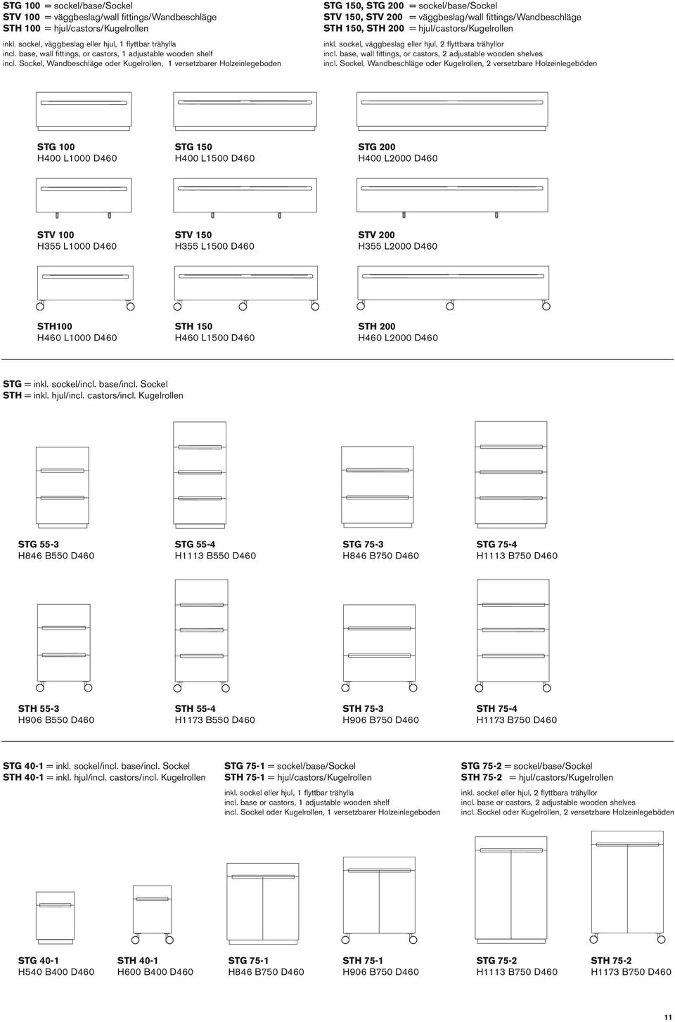 Sockel, Wandbeschläge oder Kugelrollen, 1 versetzbarer Holzeinlegeboden STG 150, STG 200 = sockel/base/sockel STV 150, STV 200 = väggbeslag/wall fittings/wandbeschläge STH 150, STH 200 =