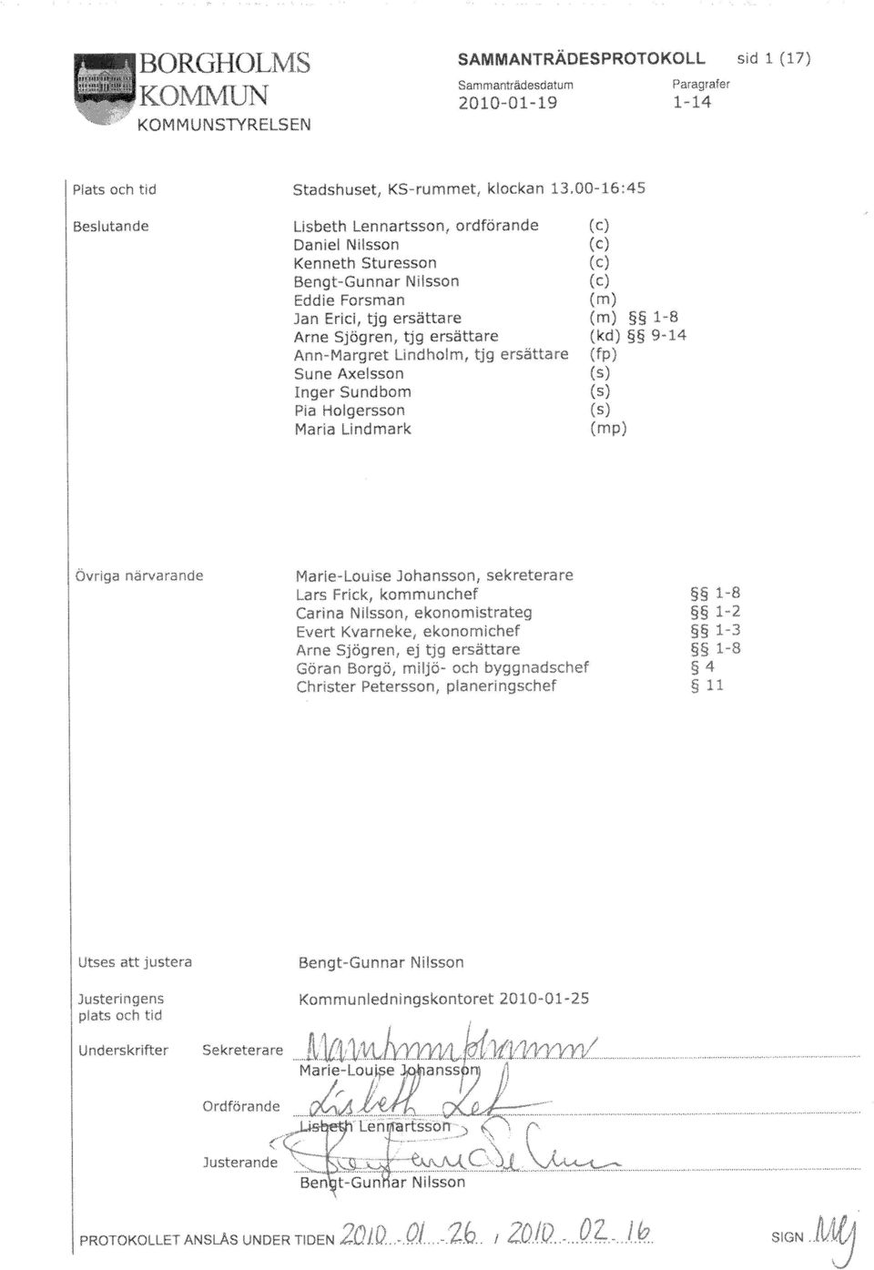 Christer Petersson, planeringschef KOLL SA I ianträdesproto manträdesdatum P arag rafe Sam 9-14 (kd) (fp)»s g»2»s 4 sid 1 (17) KOMMUNSTYRELSEN Plats och tid Stadshuset, KS-rummet, klockan 13,00-16 45