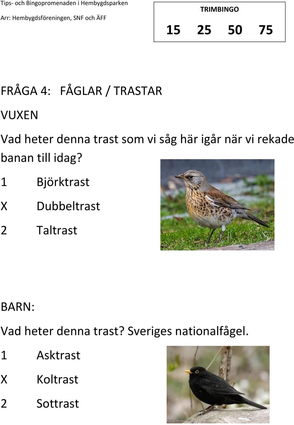 idag? 1 Björktrast Dubbeltrast 2 Taltrast : Vad heter