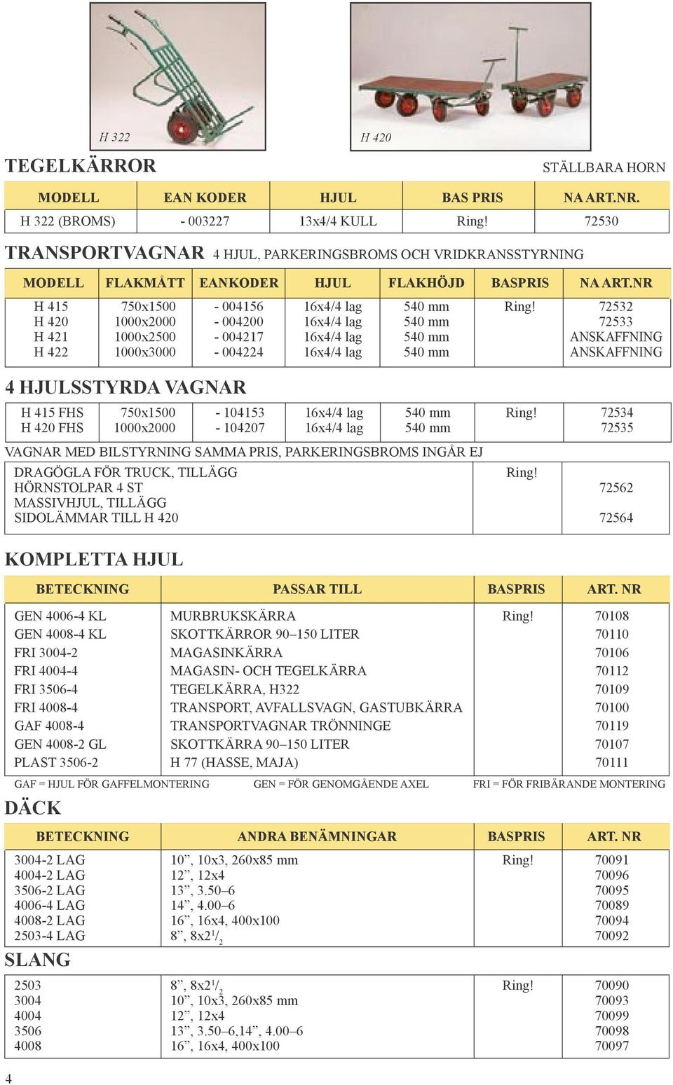72532 H 420 1000x2000-004200 16x4/4 lag 540 mm 72533 H 421 1000x2500-004217 16x4/4 lag 540 mm ANSKAFFNING H 422 1000x3000-004224 16x4/4 lag 540 mm ANSKAFFNING 4 HJULSSTYRDA VAGNAR H 415 FHS