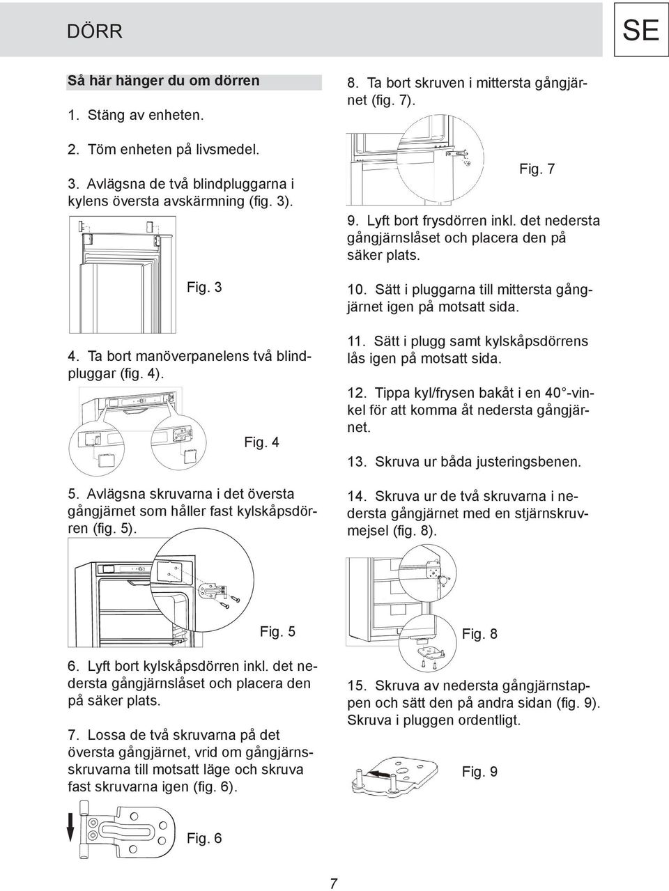 Ta bort skruven i mittersta gångjärnet (fig. 7). Fig. 7 9. Lyft bort frysdörren inkl. det nedersta gångjärnslåset och placera den på säker plats. 10.