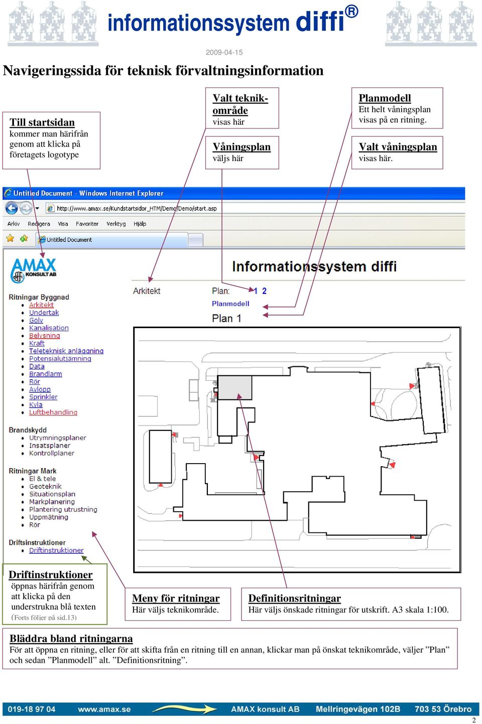 Driftinstruktioner öppnas härifrån genom att klicka på den understrukna blå texten (Forts följer på sid.13) Meny för ritningar Här väljs teknikområde.