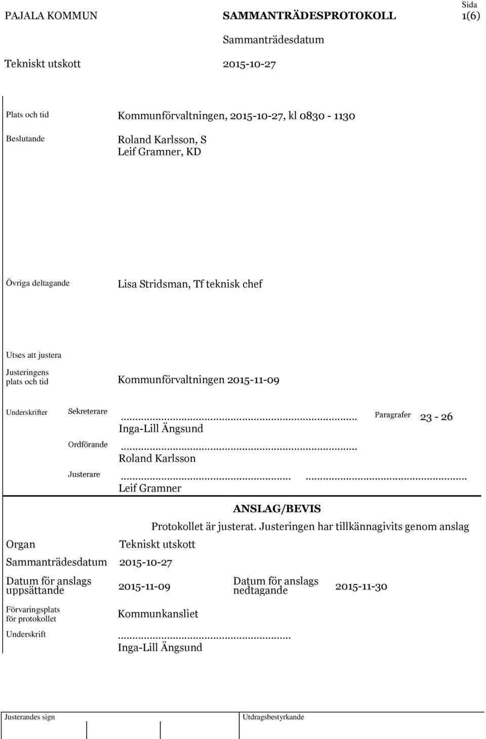 .. Paragrafer 23-26 Inga-Lill Ängsund Ordförande... Roland Karlsson Justerare...... Leif Gramner Organ ANSLAG/BEVIS Protokollet är justerat.