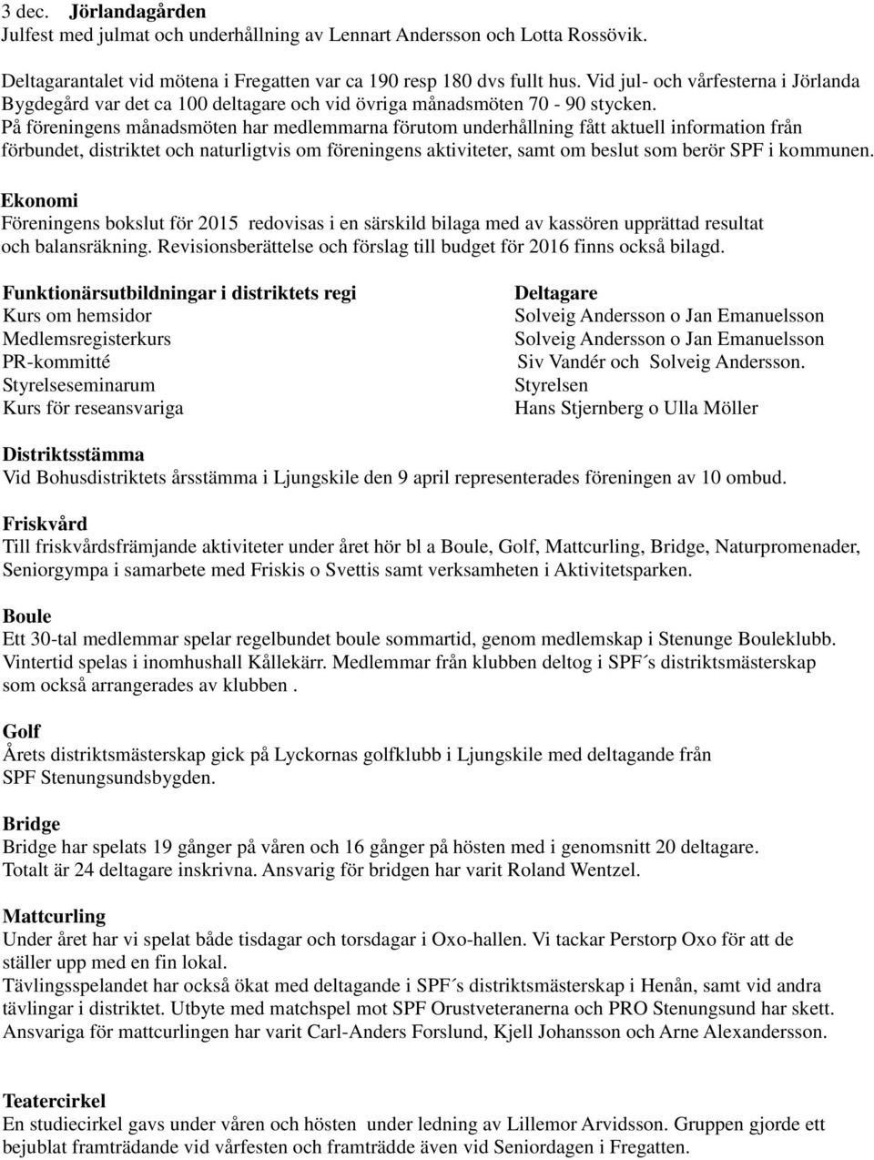 På föreningens månadsmöten har medlemmarna förutom underhållning fått aktuell information från förbundet, distriktet och naturligtvis om föreningens aktiviteter, samt om beslut som berör SPF i