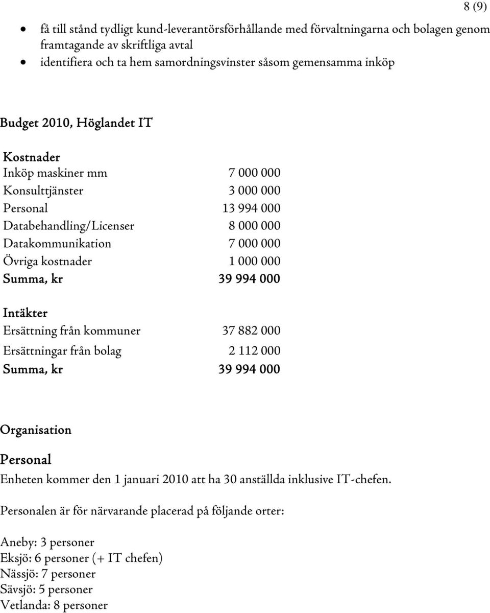 000 000 Summa, kr 39 994 000 Intäkter Ersättning från kommuner 37 882 000 Ersättningar från bolag 2 112 000 Summa, kr 39 994 000 Organisation Personal Enheten kommer den 1 januari 2010 att ha