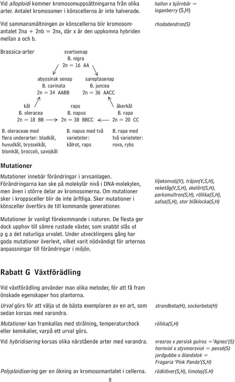 hallon x björnbär = loganberry (S,H) rhododendron(s) Brassica-arter svartsenap B. nigra 2n = 16 AA abyssinsk senap sareptasenap B. carinata B. juncea 2n = 34 AABB 2n = 36 AACC kål raps åkerkål B.