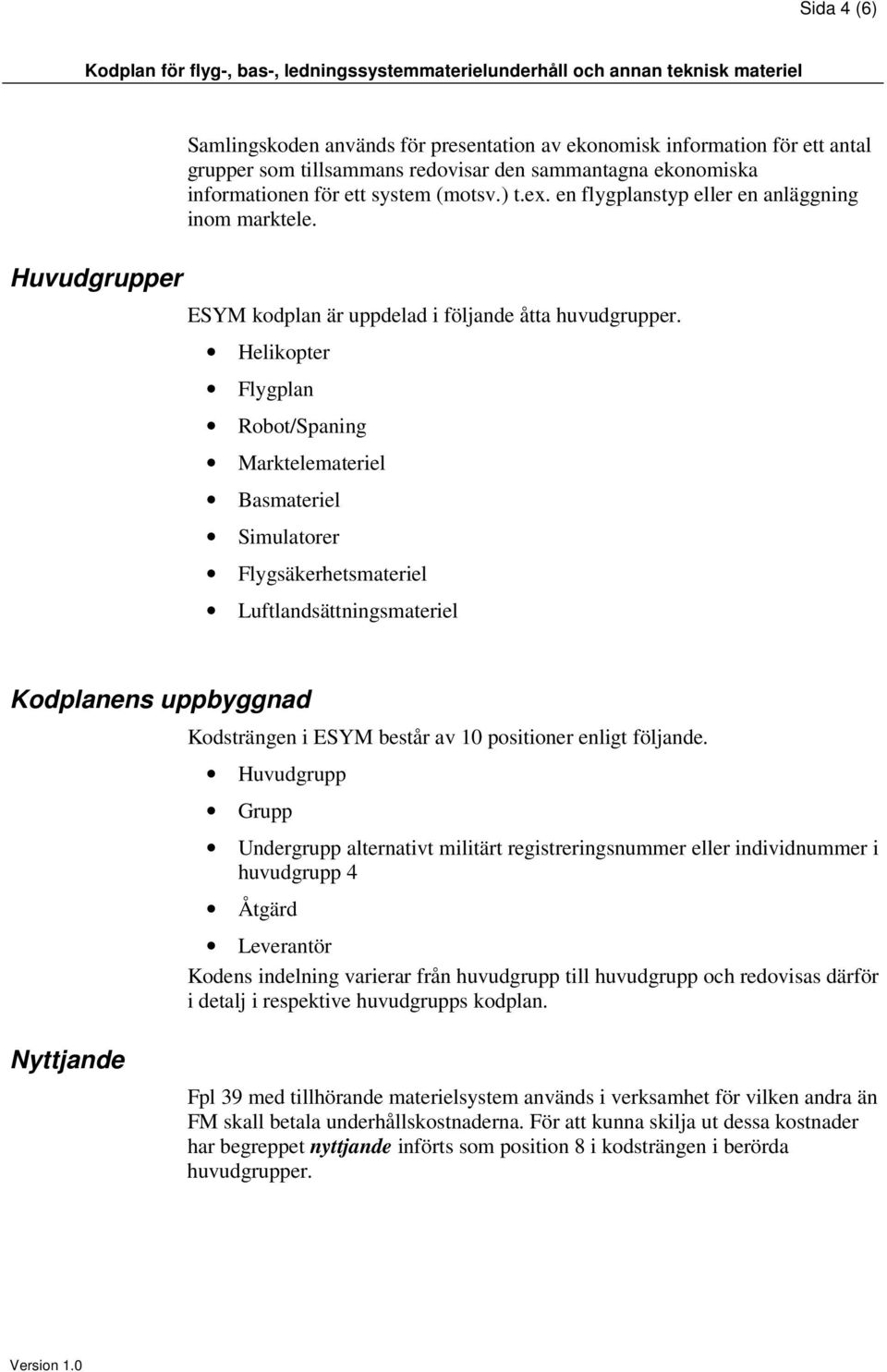 Helikopter Flygplan Robot/Spaning Marktelemateriel Basmateriel Simulatorer Flygsäkerhetsmateriel Luftlandsättningsmateriel Kodplanens uppbyggnad Kodsträngen i ESYM består av 10 positioner enligt