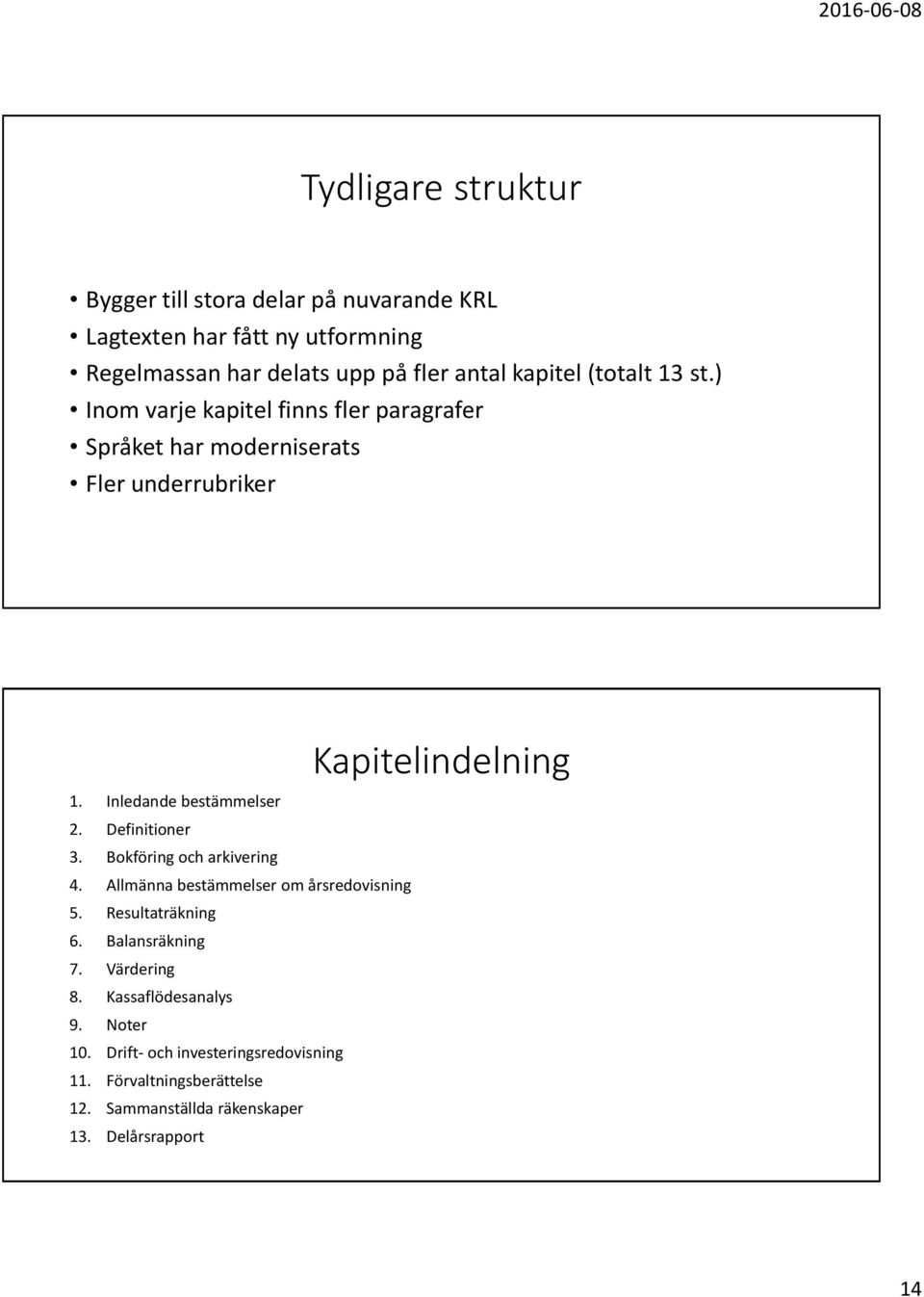 Definitioner 3. Bokföring och arkivering 4. Allmänna bestämmelser om årsredovisning 5. Resultaträkning 6. Balansräkning 7. Värdering 8.