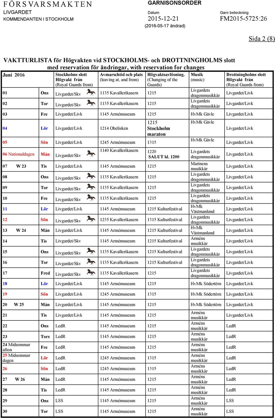 1200 07 W 23 Tis 1145 Armémuseum 1215 08 Ons 09 Tor 10 Fre 11 Lör 1145 Armémuseum 1215 Kulturfestival 12 Sön Livgardet/Skv 1235 Kavallerikasern 1315 Kulturfestival 13 W 24 Mån 1145 Armémuseum 1215