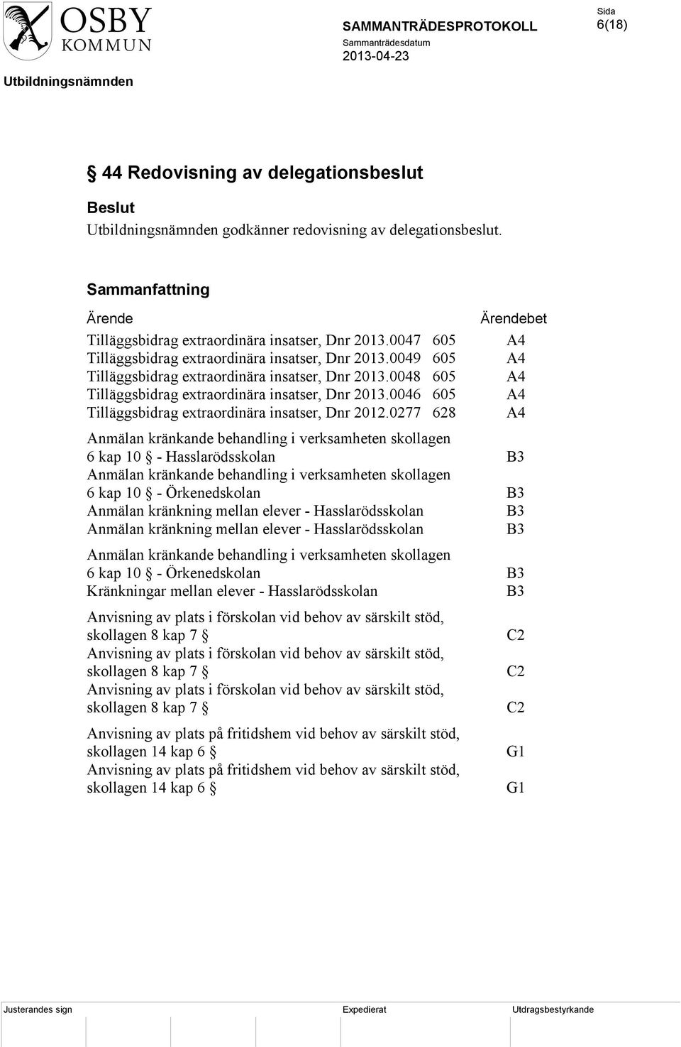 0046 605 Tilläggsbidrag extraordinära insatser, Dnr 2012.