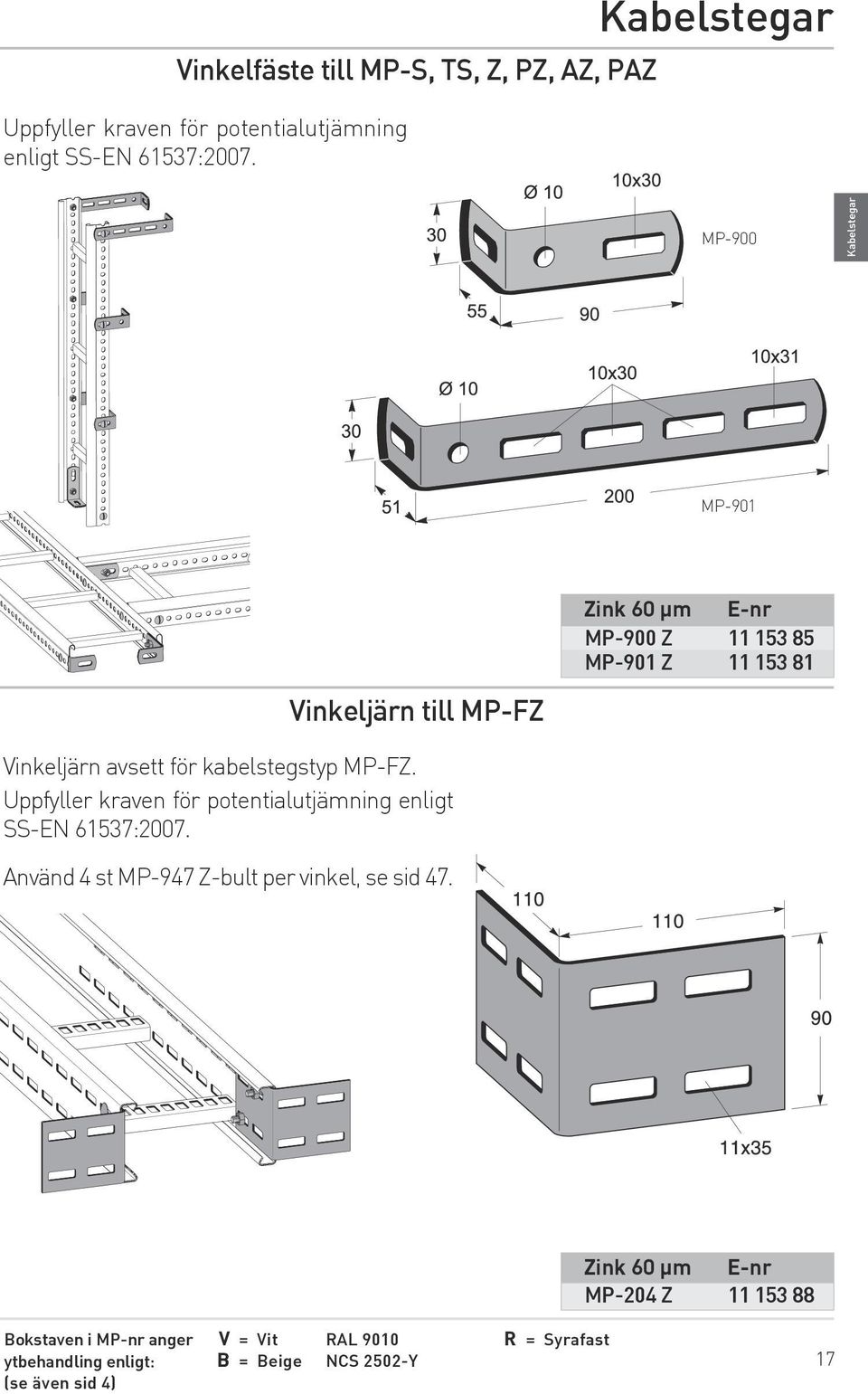 MP-FZ. Uppfyller kraven för potentialutjämning enligt SS-EN 61537:2007. Använd 4 st MP-947 Z-bult per vinkel, se sid 47.