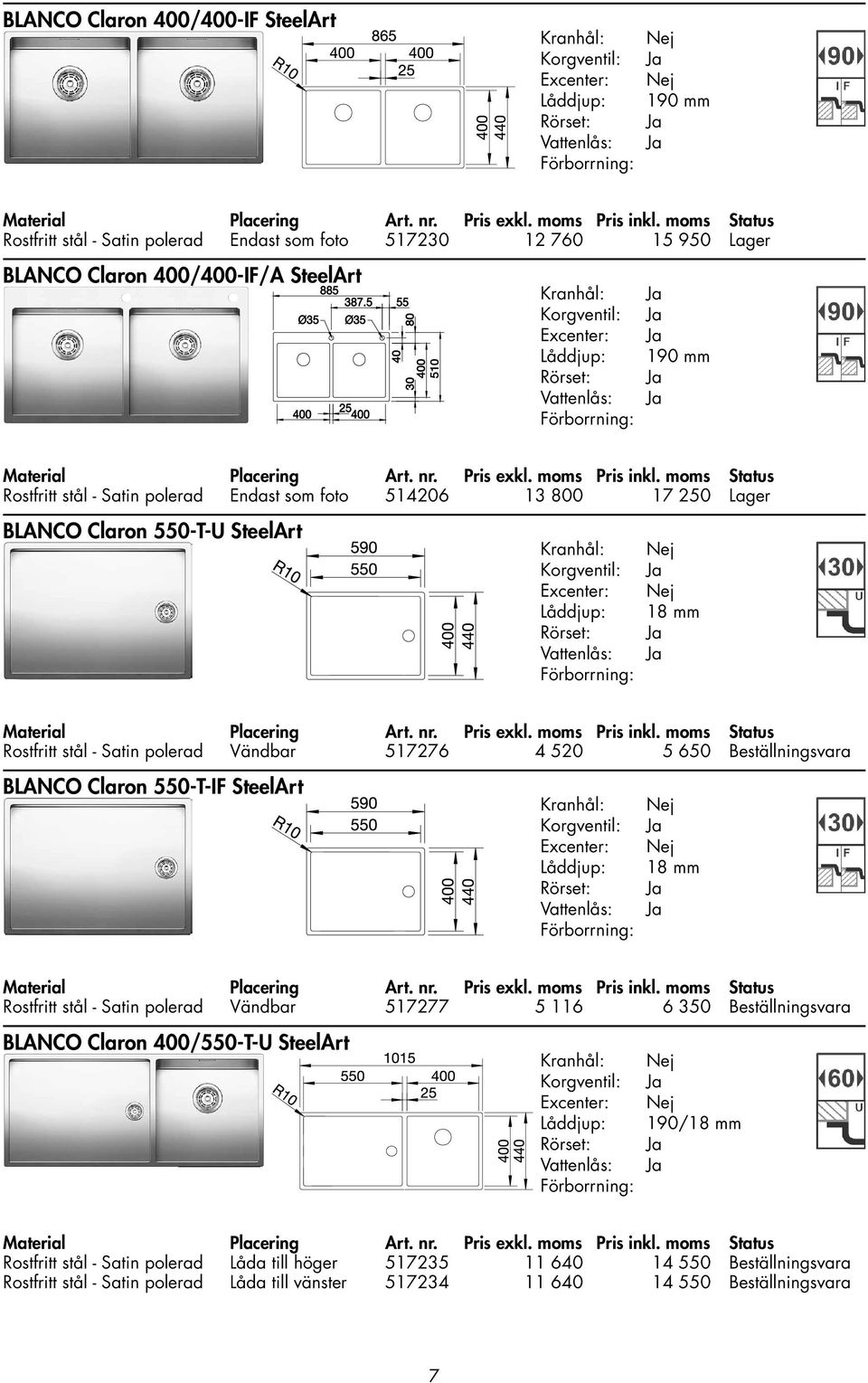 Beställningsvara BLANCO Claron 550-T-IF SteelArt 18 mm Rostfritt stål - Satin polerad Vändbar 517277 5 116 6 350 Beställningsvara BLANCO Claron 400/550-T-U SteelArt