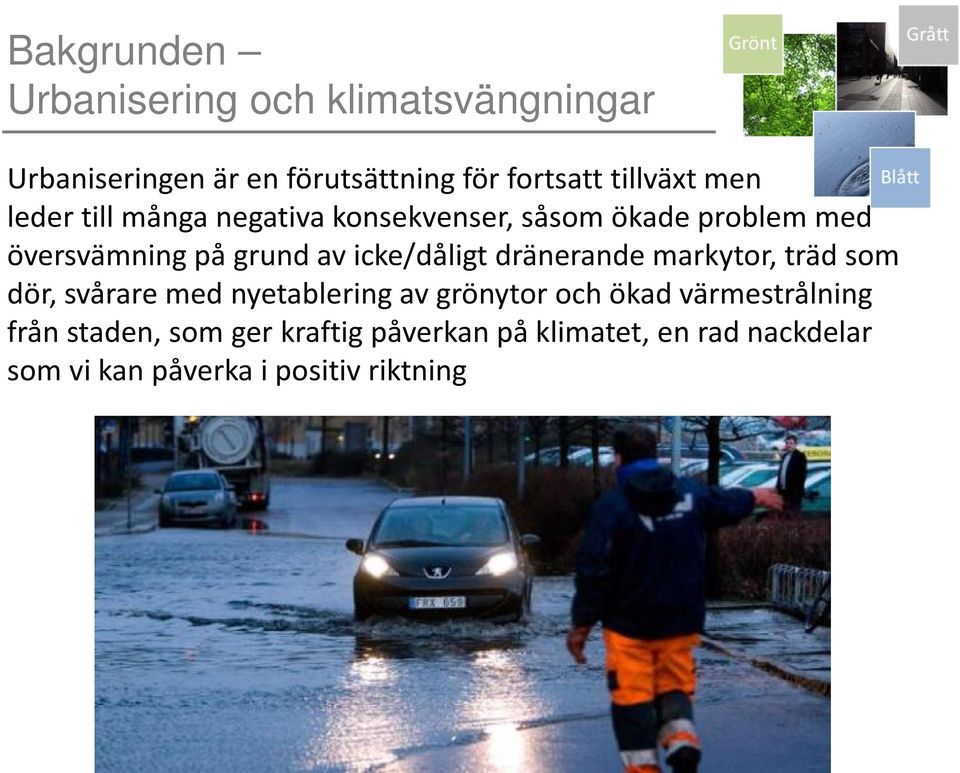 icke/dåligt dränerande markytor, träd som dör, svårare med nyetablering av grönytor och ökad