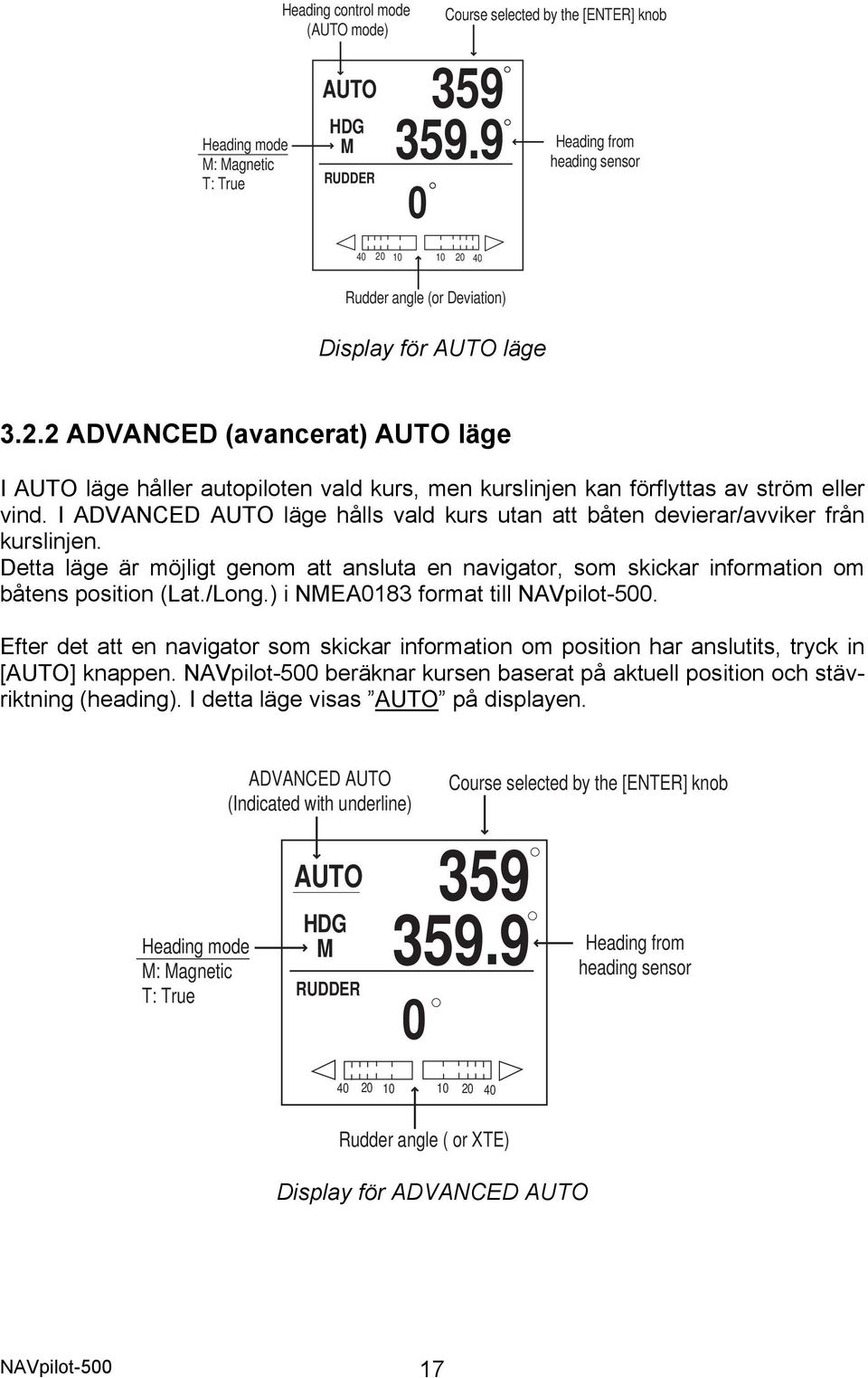 I ADVANCED AUTO läge hålls vald kurs utan att båten devierar/avviker från kurslinjen. Detta läge är möjligt genom att ansluta en navigator, som skickar information om båtens position (Lat./Long.