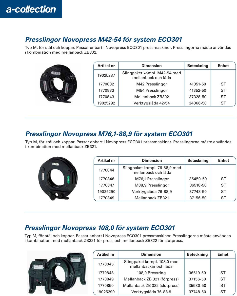 M42-54 med mellanback och låda 1770832 M42 Presslingor 41351-50 ST 1770833 M54 Presslingor 41352-50 ST 1770843 Mellanback ZB302 37328-50 ST 19025292 Verktygslåda 42/54 34066-50 ST Presslingor