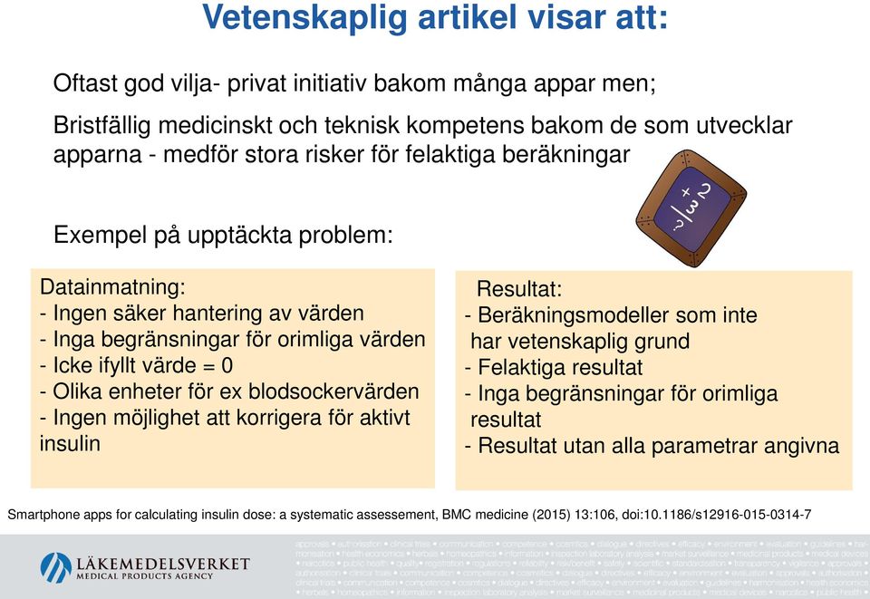 enheter för ex blodsockervärden - Ingen möjlighet att korrigera för aktivt insulin Resultat: - Beräkningsmodeller som inte har vetenskaplig grund - Felaktiga resultat - Inga