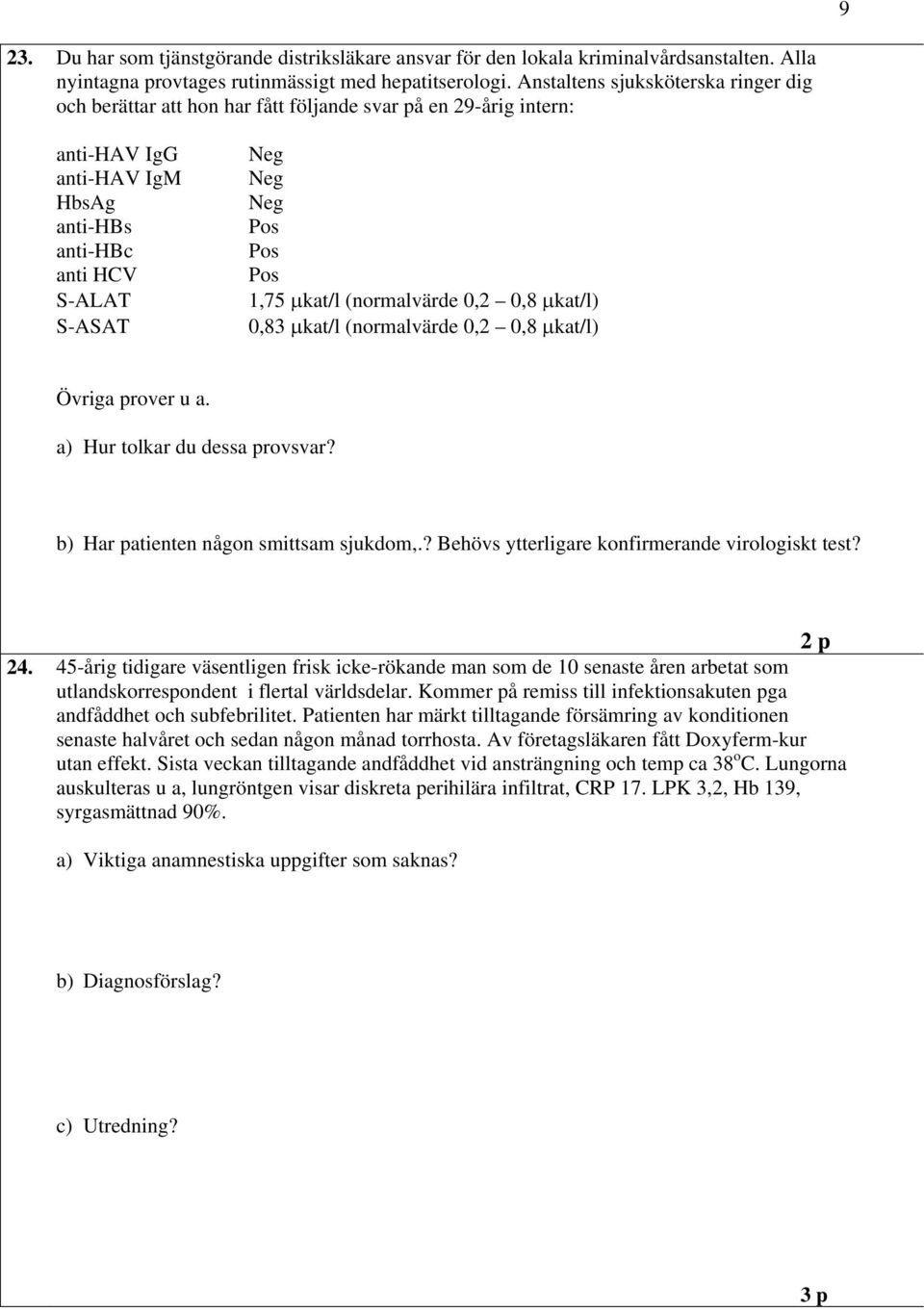 1,75 μkat/l (normalvärde 0,2 0,8 μkat/l) 0,83 μkat/l (normalvärde 0,2 0,8 μkat/l) Övriga prover u a. a) Hur tolkar du dessa provsvar? b) Har patienten någon smittsam sjukdom,.