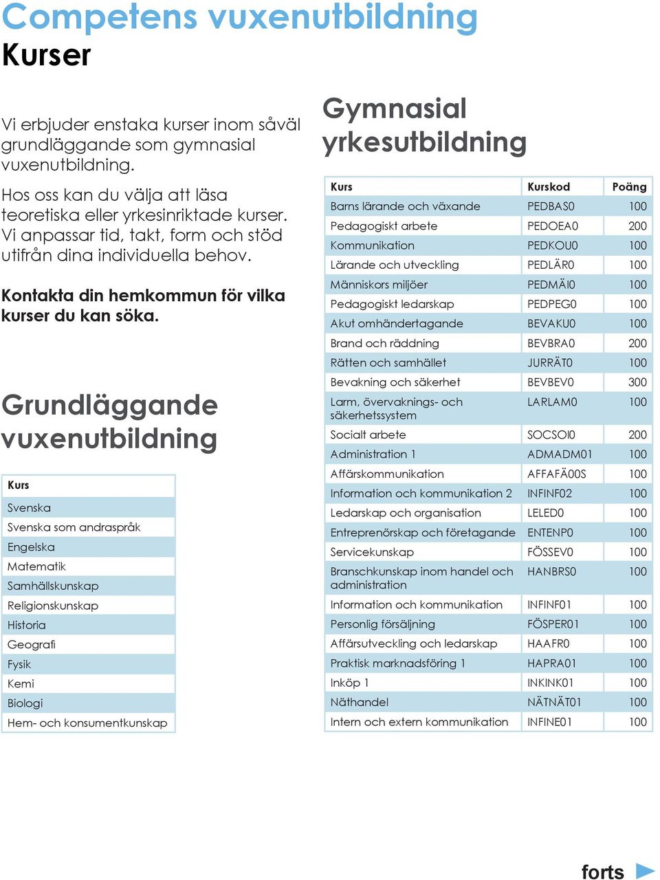 Grundläggande vuxenutbildning Kurs Svenska Svenska som andraspråk Engelska Matematik Samhällskunskap Religionskunskap Historia Geografi Fysik Kemi Biologi Hem- och konsumentkunskap Gymnasial