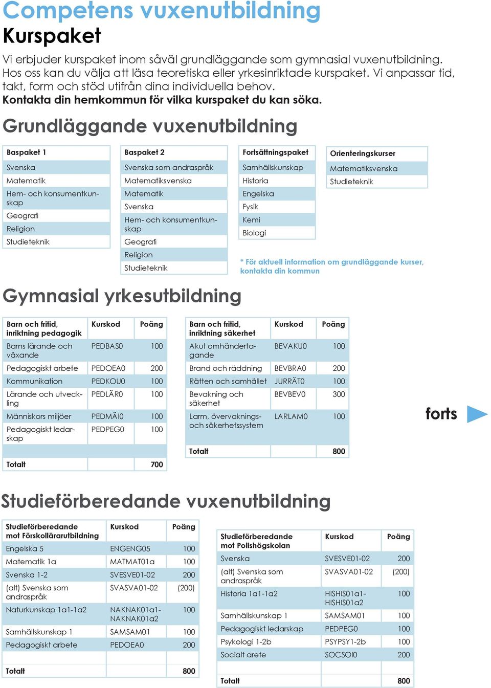 Grundläggande vuxenutbildning Baspaket 1 Svenska Matematik Hem- och konsumentkunskap Geografi Religion Studieteknik Baspaket 2 Svenska som andraspråk Matematiksvenska Matematik Svenska Hem- och