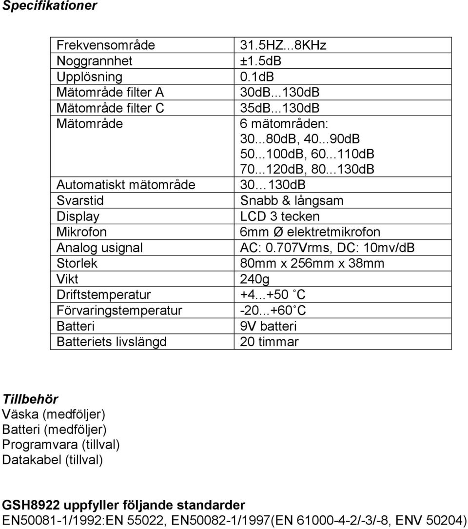 ..120dB, 80...130dB 30 130dB Snabb & långsam LCD 3 tecken 6mm Ø elektretmikrofon AC: 0.707Vrms, DC: 10mv/dB 80mm x 256mm x 38mm 240g +4...+50 C -20.