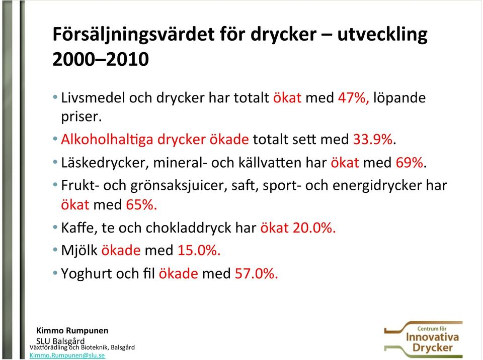 Frukt- och grönsaksjuicer, sav, sport- och energidrycker har ökat med 65%.