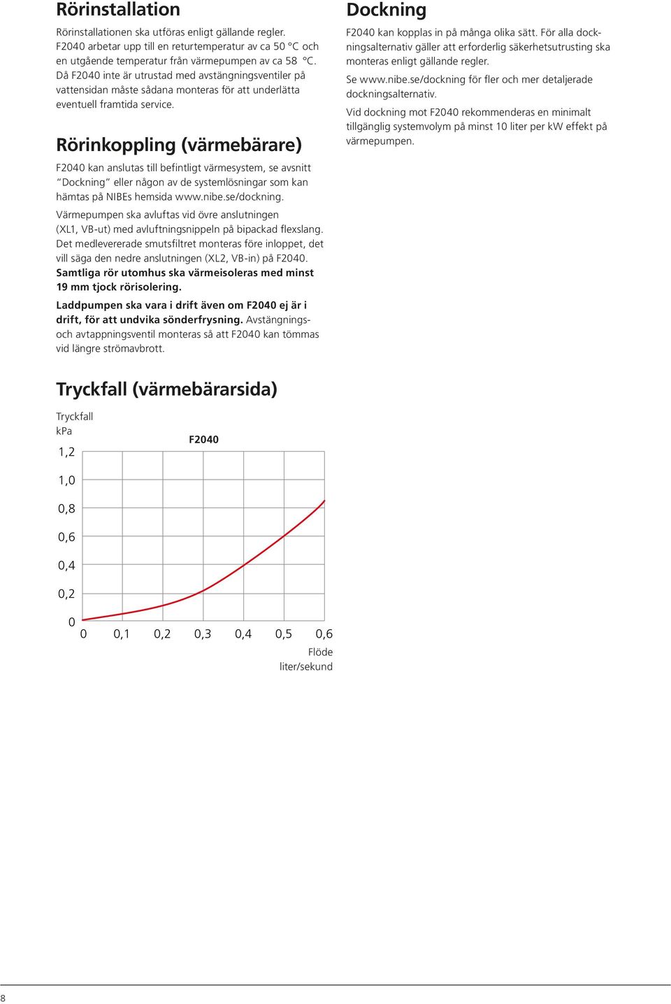 Rörinkoppling (värmebärare) F2040 kan anslutas till befintligt värmesystem, se avsnitt Dockning eller någon av de systemlösningar som kan hämtas på NIBEs hemsida www.nibe.se/dockning.