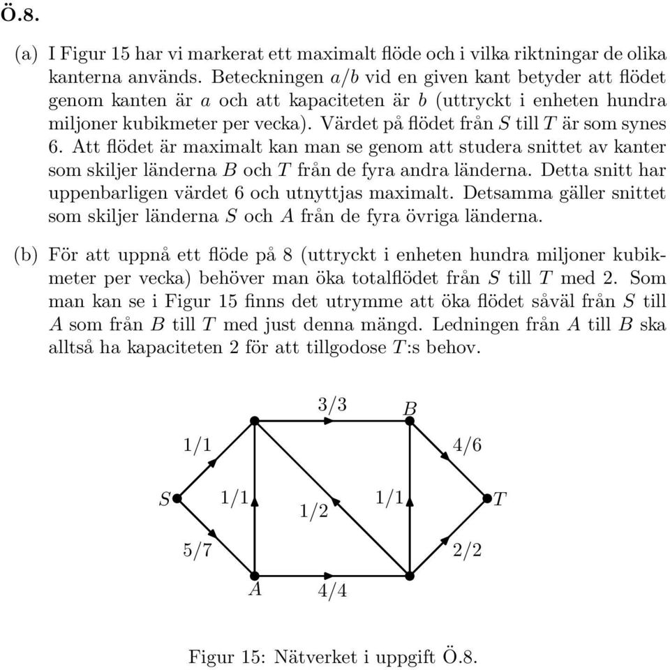 Värdet på flödet från S till T är som synes 6. Att flödet är maximalt kan man se genom att studera snittet av kanter som skiljer länderna B och T från de fyra andra länderna.