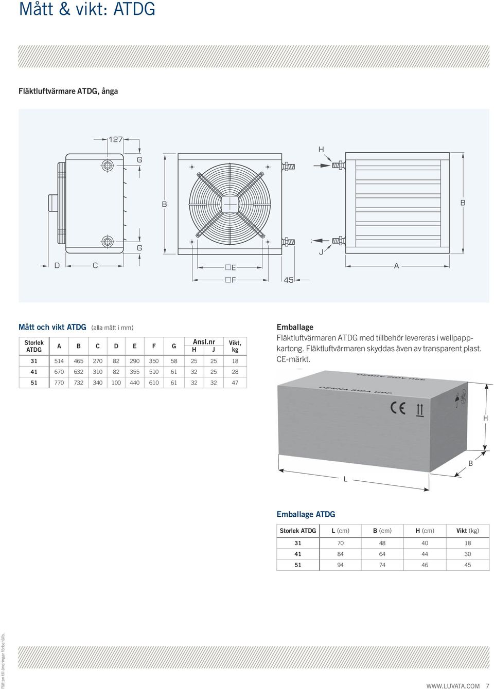 Fläktluftvärmaren ATDG med tillbehör levereras i wellpappkartong. Fläktluftvärmaren skyddas även av transparent plast. CEmärkt.