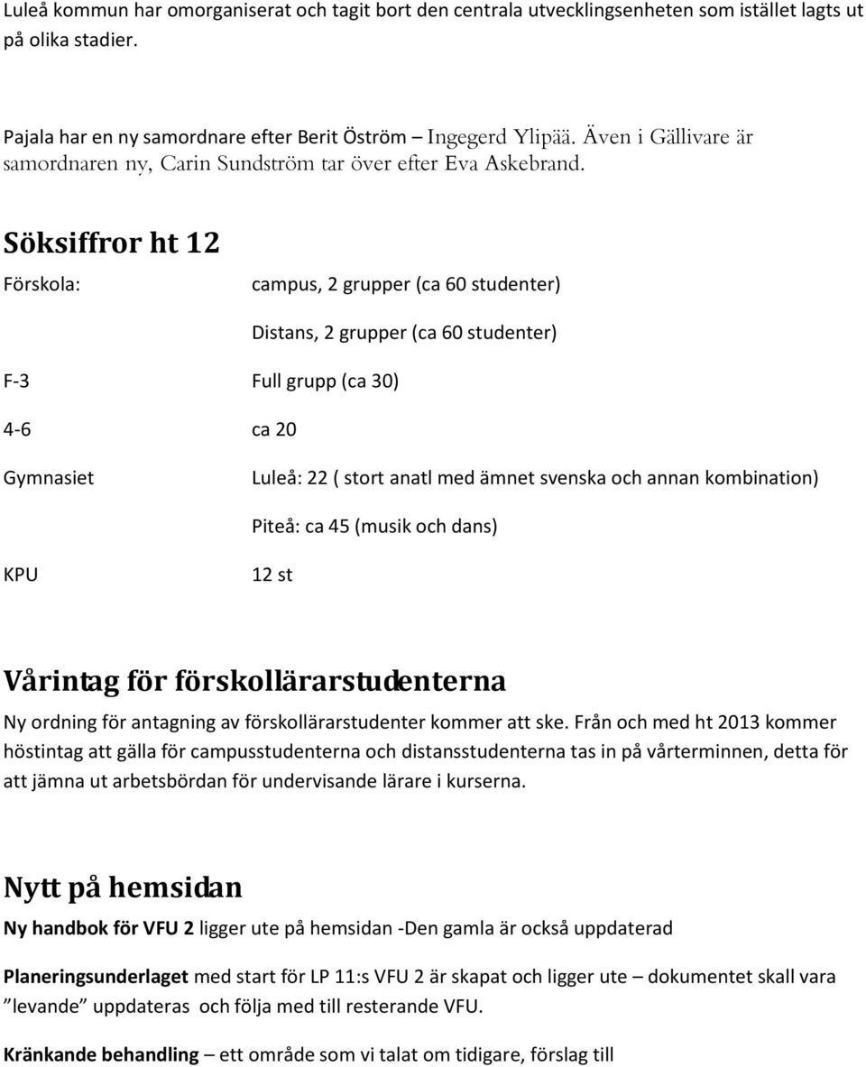 Söksiffror ht 12 Förskola: campus, 2 grupper (ca 60 studenter) F-3 Full grupp (ca 30) 4-6 ca 20 Distans, 2 grupper (ca 60 studenter) Gymnasiet Luleå: 22 ( stort anatl med ämnet svenska och annan