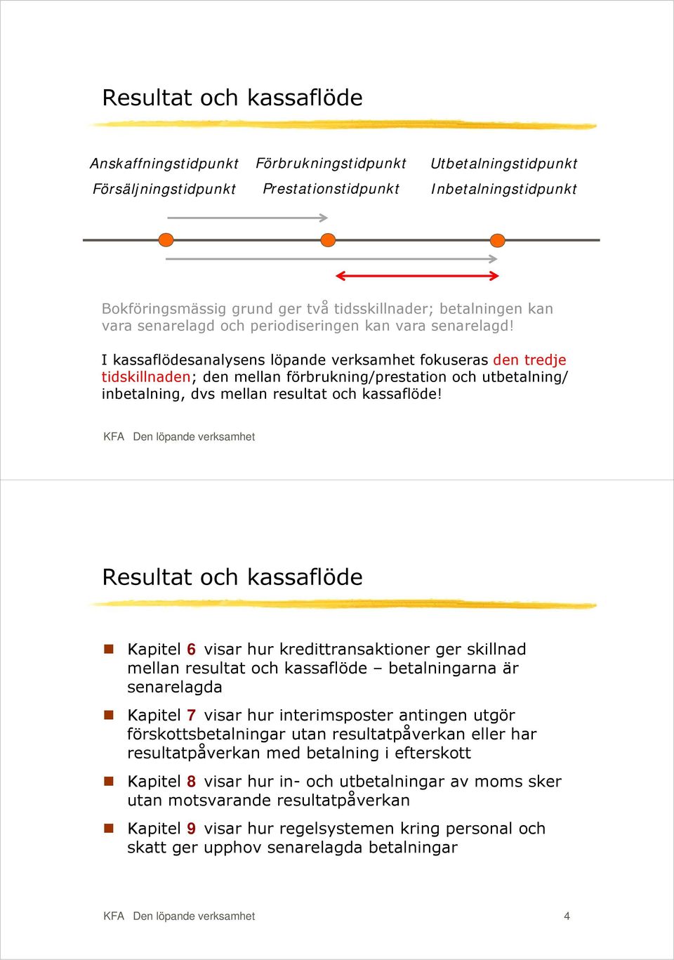 I kassaflödesanalysens löpande verksamhet fokuseras den tredje tidskillnaden; den mellan förbrukning/prestation och utbetalning/ inbetalning, dvs mellan resultat och kassaflöde!