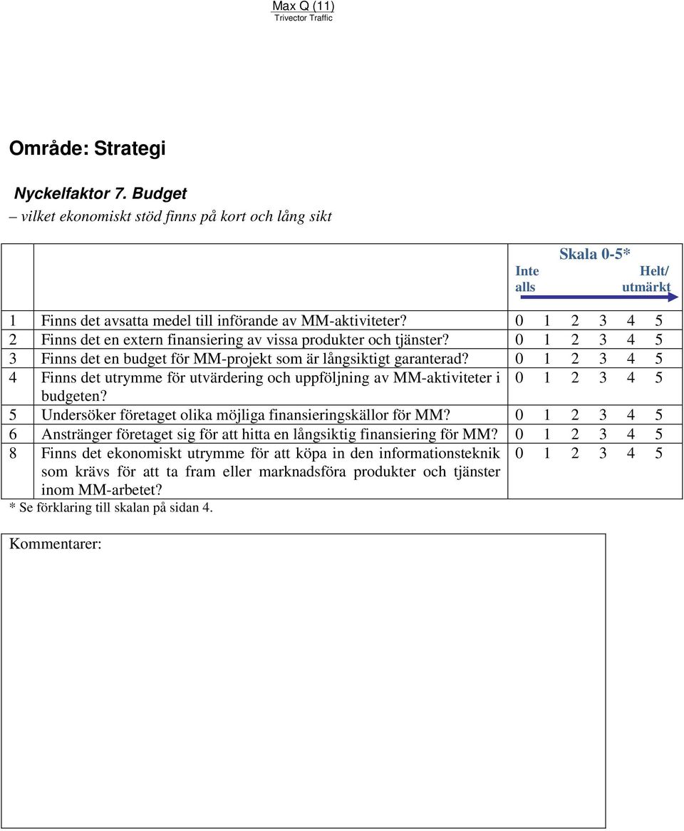 4 Finns det utrymme för utvärdering och uppföljning av MM-aktiviteter i budgeten? 5 Undersöker företaget olika möjliga finansieringskällor för MM?