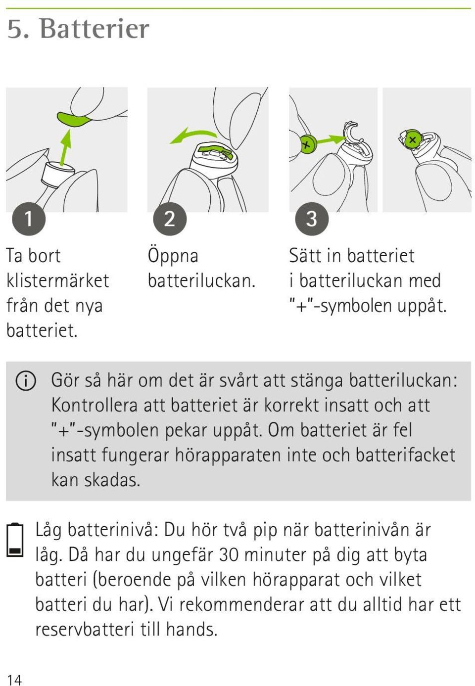 Om batteriet är fel insatt fungerar hörapparaten inte och batterifacket kan skadas. Låg batterinivå: Du hör två pip när batterinivån är låg.