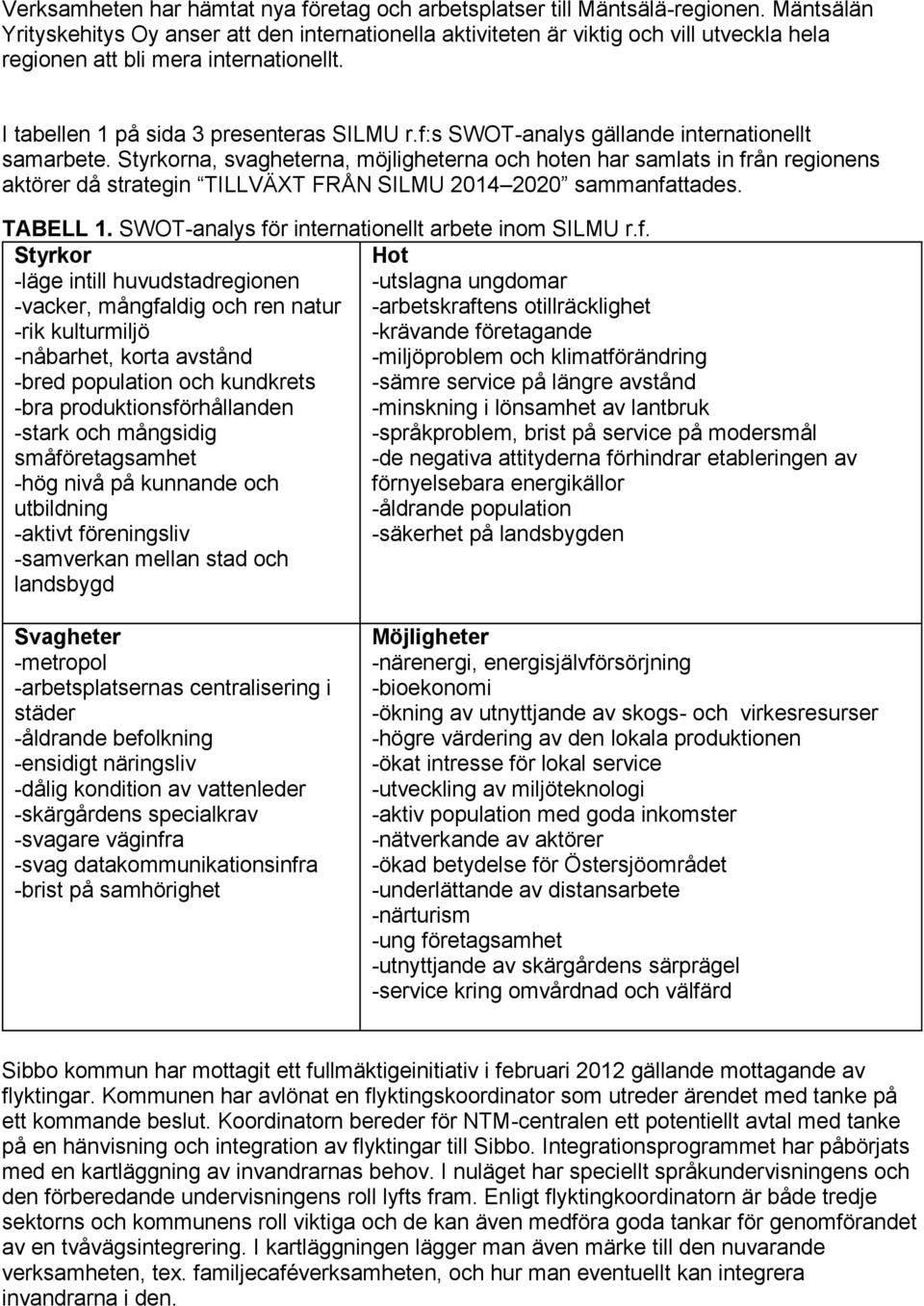 f:s SWOT-analys gällande internationellt samarbete. Styrkorna, svagheterna, möjligheterna och hoten har samlats in från regionens aktörer då strategin TILLVÄXT FRÅN SILMU 2014 2020 sammanfattades.