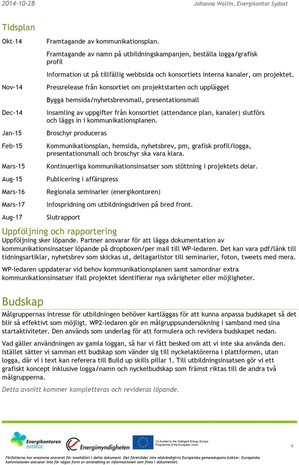 Nov-14 Pressrelease från konsortiet om projektstarten och upplägget Bygga hemsida/nyhetsbrevsmall, presentationsmall Dec-14 Jan-15 Feb-15 Mars-15 Aug-15 Mars-16 Mars-17 Aug-17 Insamling av uppgifter