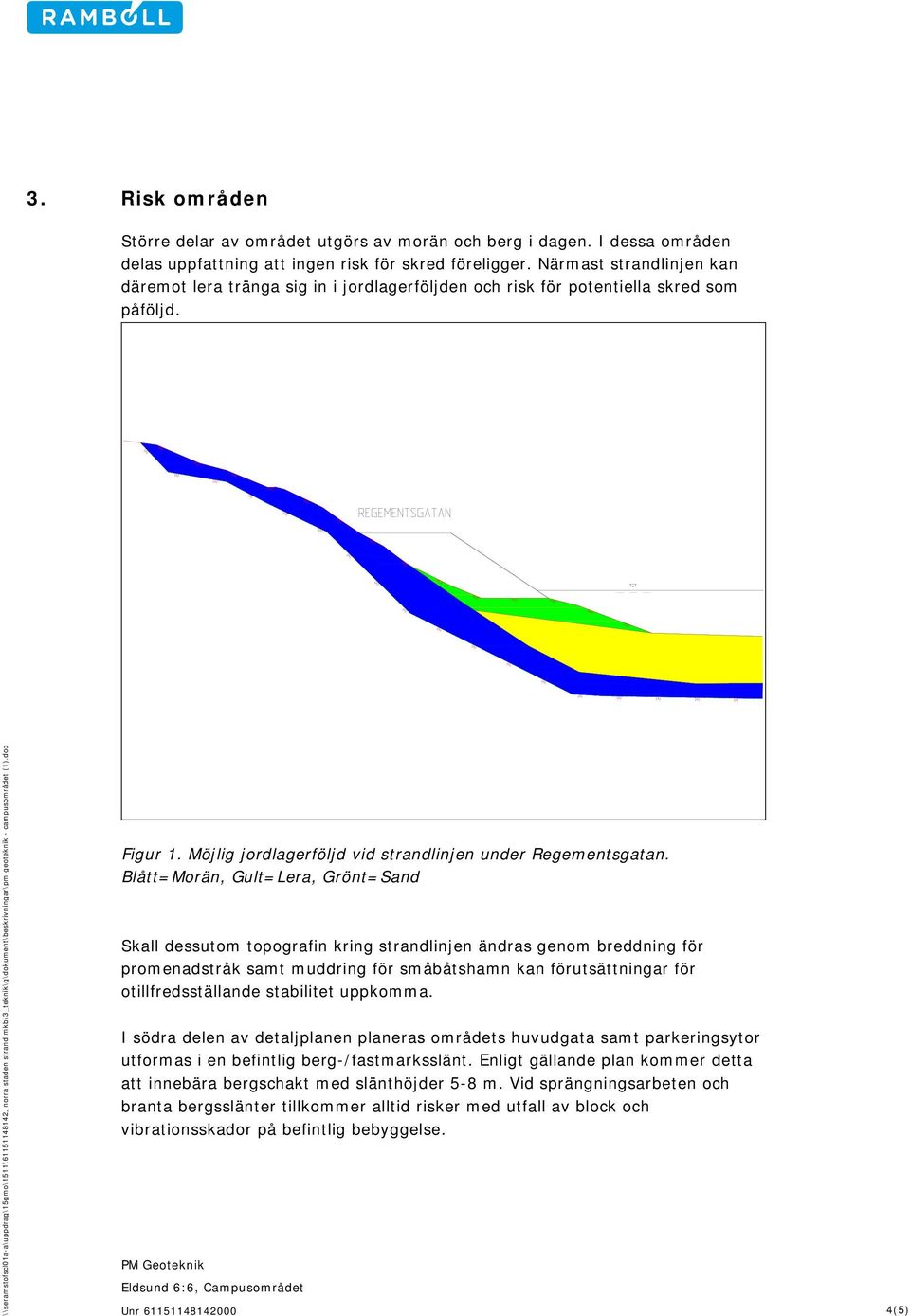 Blått=Morän, Gult=Lera, Grönt=Sand Skall dessutom topografin kring strandlinjen ändras genom breddning för promenadstråk samt muddring för småbåtshamn kan förutsättningar för otillfredsställande