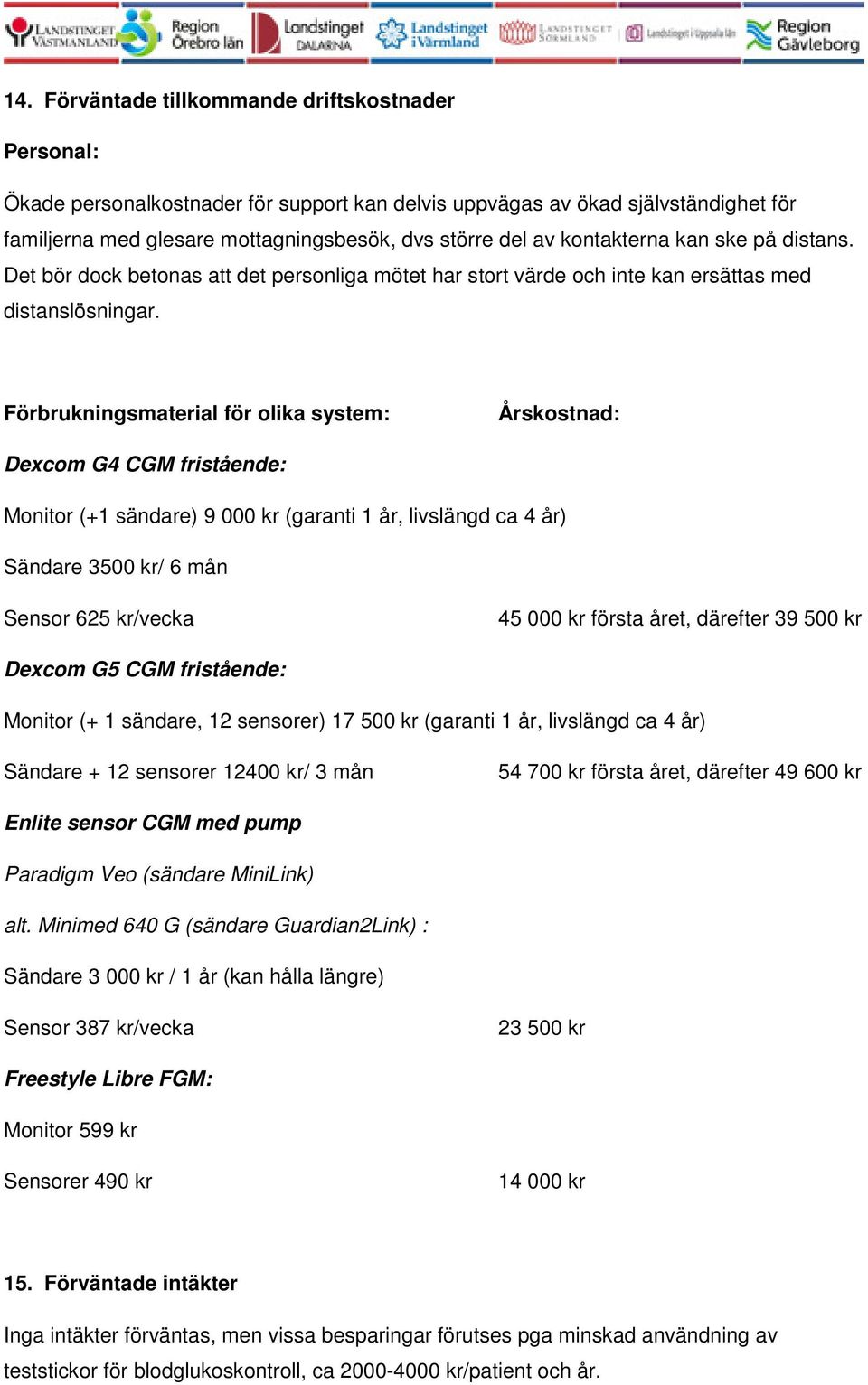 Förbrukningsmaterial för olika system: Årskostnad: Dexcom G4 CGM fristående: Monitor (+1 sändare) 9 000 kr (garanti 1 år, livslängd ca 4 år) Sändare 3500 kr/ 6 mån Sensor 625 kr/vecka 45 000 kr