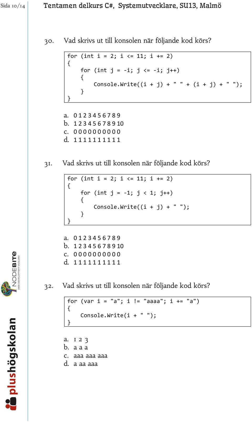 0 0 0 0 0 0 0 0 0 0 d. 1 1 1 1 1 1 1 1 1 1 31. Vad skrivs ut till konsolen när följande kod körs? for (int i = 2; i <= 11; i += 2) for (int j = - 1; j < 1; j++) Console.