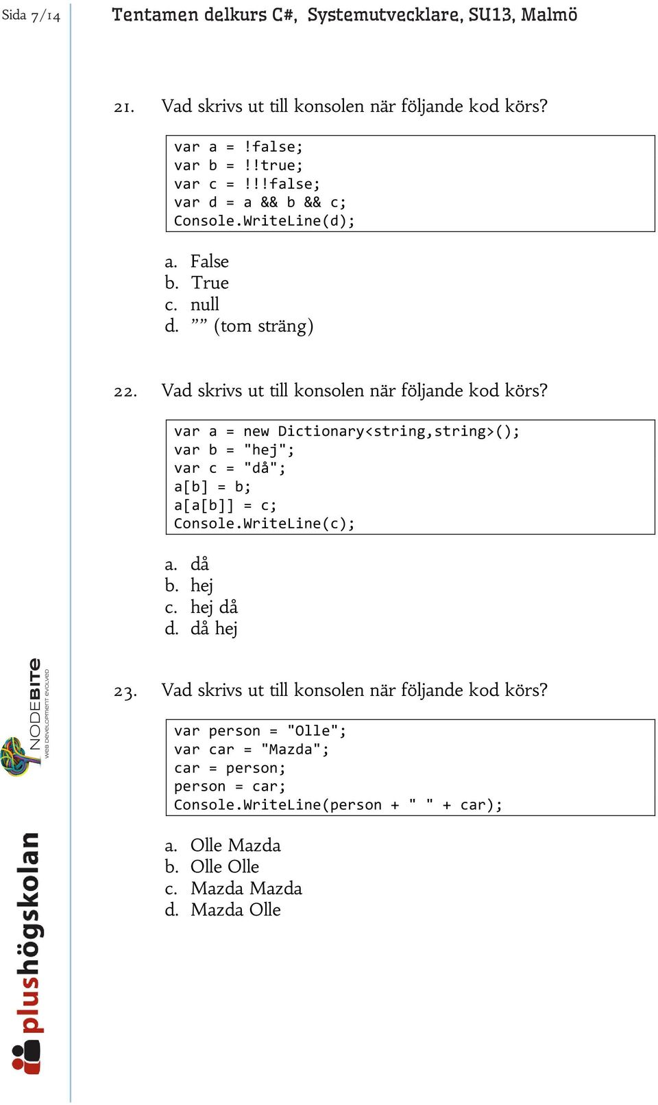 var a = new Dictionary<string,string>(); var b = "hej"; var c = "då"; a[b] = b; a[a[b]] = c; Console.WriteLine(c); a. då b. hej c. hej då d. då hej 23.