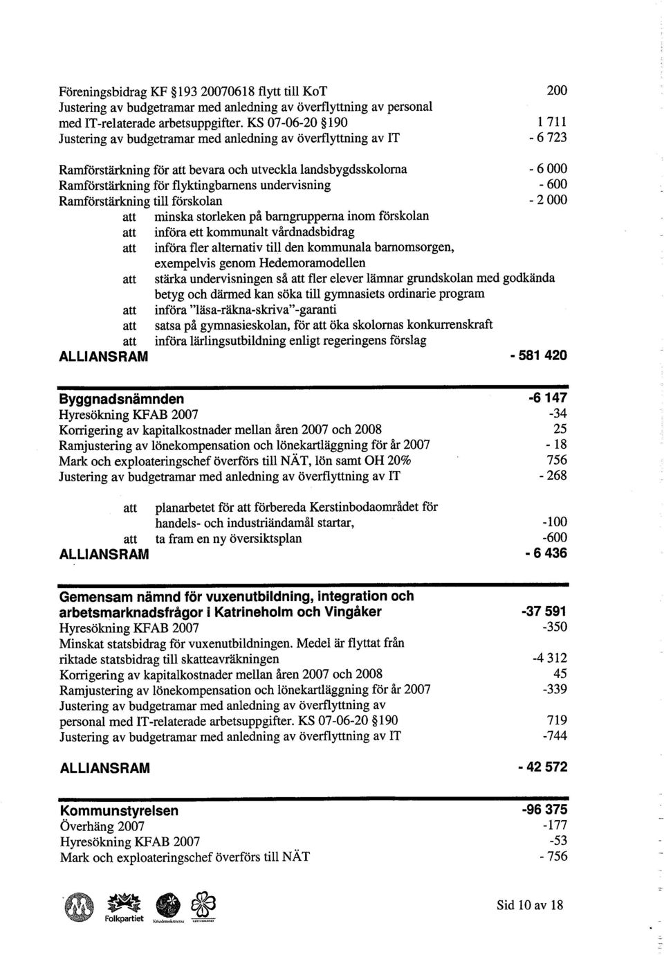 Ramförstärkning til förskolan minska storleken på bargrppema inom förskolan ALLlANSRAM införa ett kommunalt vårdnadsbidrag införa fler altemativ til den kommunala baromsorgen, exempelvis genom